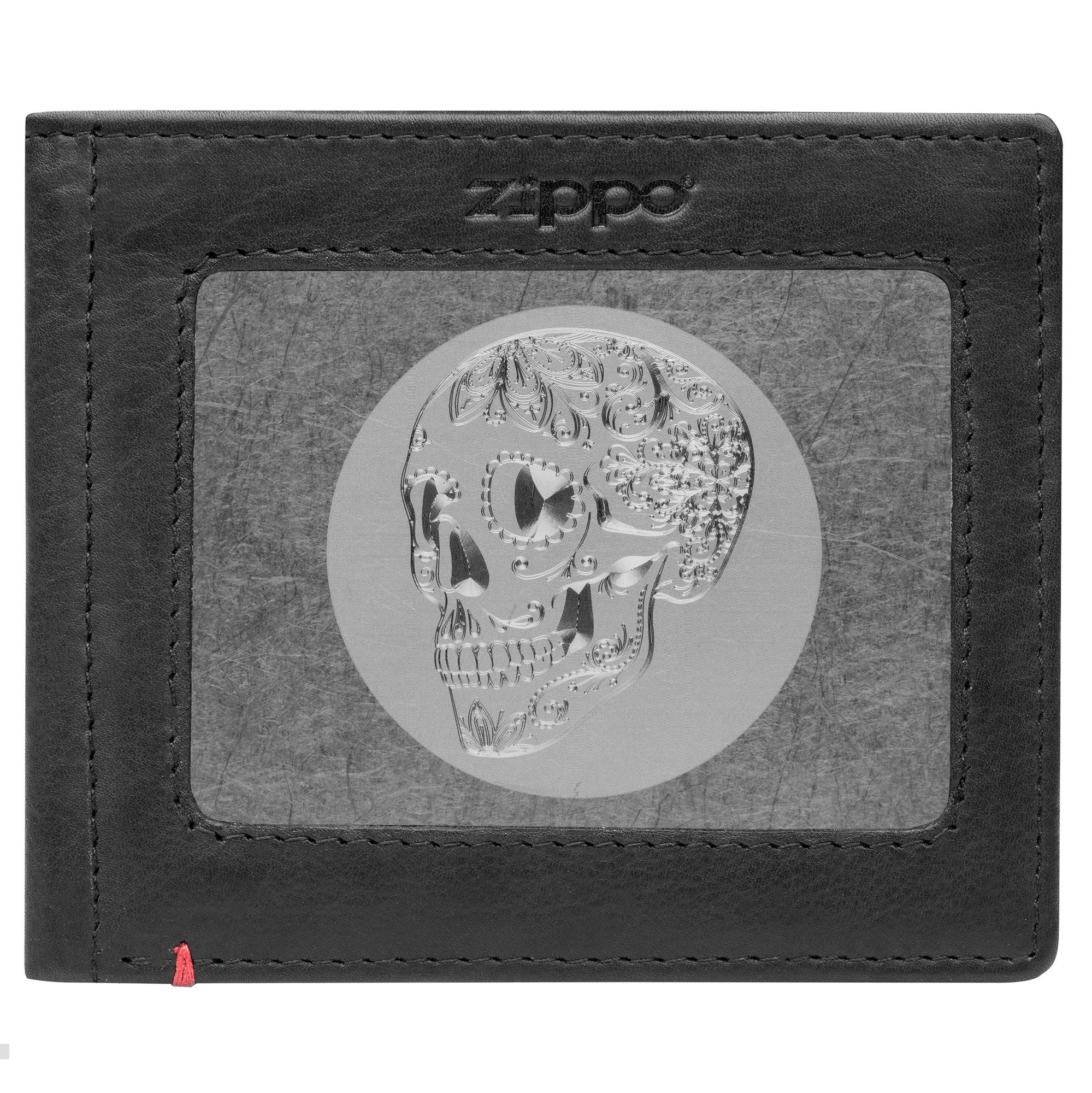 Black Leather Wallet- Skull Metal Plate Design