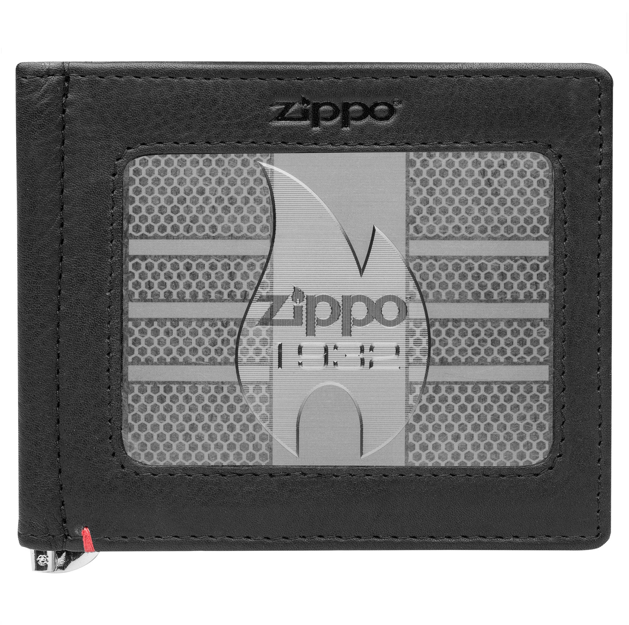 Black Leather Wallet- Zippo 1932 Metal Plate Design